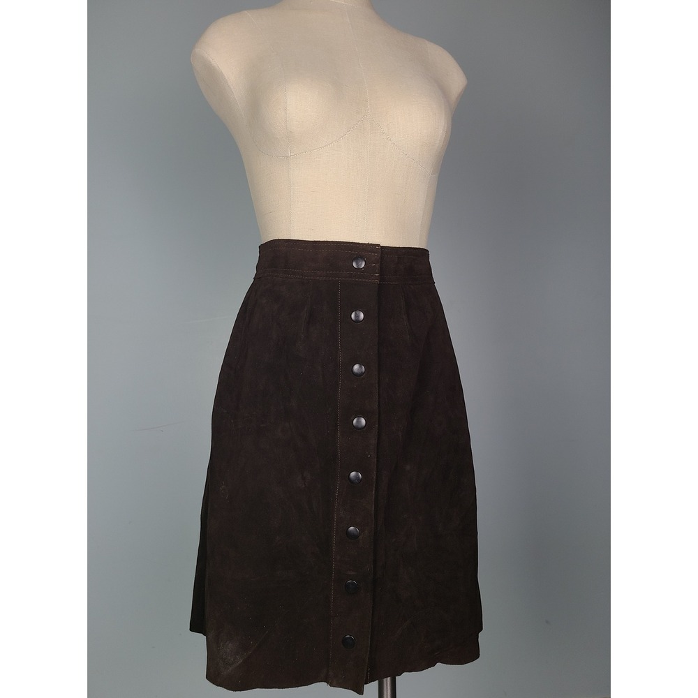 VTG Jo O Kay Sz 10 Suede Leather Skirt Dark Brown Snap Up Retro 80s Western